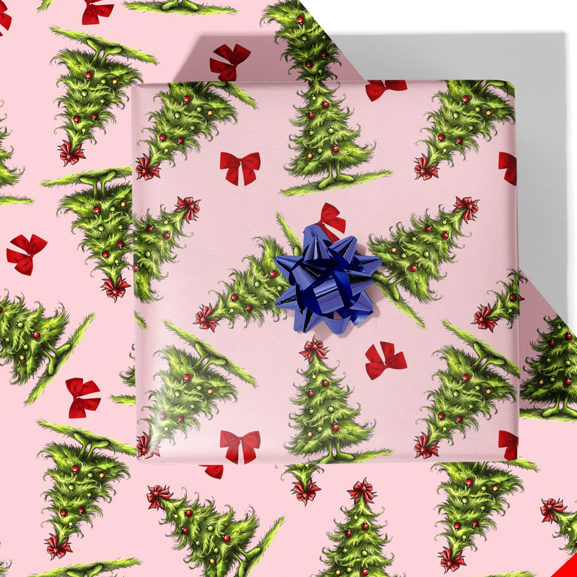 Photo 1 of *2 pack* RiukRaiu Pink Christmas Wrapping Paper for Kids - Fluffy Green Monster Tree Funny Xmas Gift Wrap Red Bow Colored Ball for Holiday Party - 4 Jumbo Sheets, 40 x 28 Inches Each