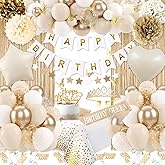 Birthday Decorations for Women, Golden Birthday Party Decorations, White Sand Beige Gold Balloons Tablecloth Birthday Sash Crown Fringe Curtain Butterfly Decor Gold Party Decor for Women Girls Bday