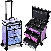 Adazzo Professional Rolling Makeup Train Case with Drawers, Large Cosmetic Trolley with Locks, Cosmetics Storage Organizer Make up Case for Travel Makeup/Nail Art/Hair Styling, Shiny Pink