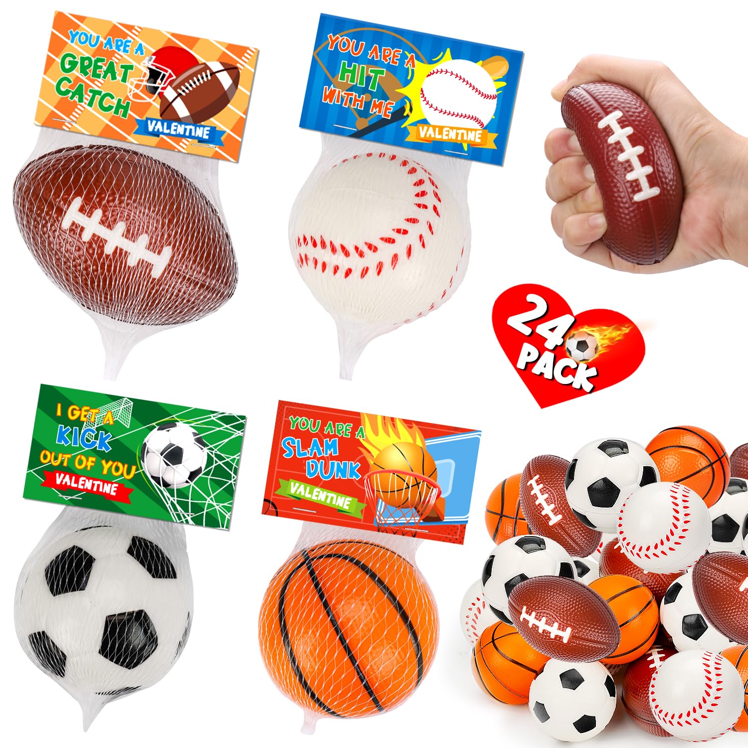 24PCS Sports Stress Balls Valentines Day Cards for Kids School Classroom Boys Girl Toddler Valentine Day Exchange Gifts Card Basketball Football Soccer Valentine’s Party Favors Prize Treat Bag Stuffer
