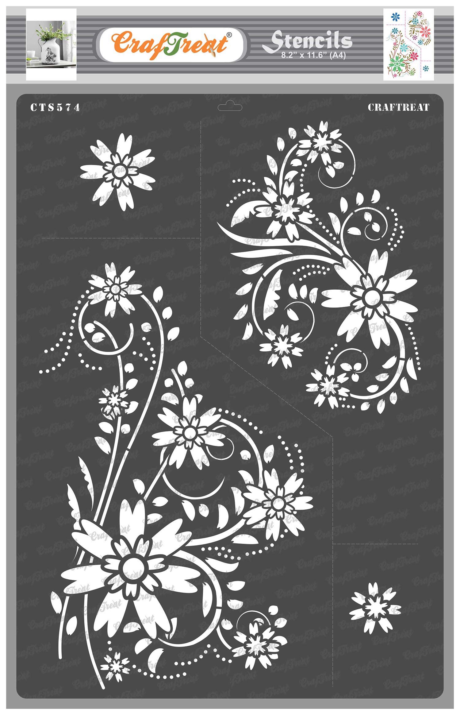 CrafTreat Reusable Floral Stencils for Painting on Wood, Canvas, Fabric and Wall - Floral Flourish -A4 (8.3 x 11.7 Inch) - Designer Flourish Stencil for Wall Painting - Floral Paint Stencils