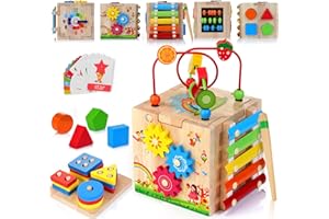 8-in-1 Wooden Activity Cube for Kids, Sorting & Stacking Toys Shape Match Xylophone Montessori Learning Toy STEM Value Pack G