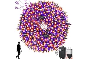 MZD8391 Motion Sensor Spooky Music Halloween Decorations Lights Outdoor Indoor, 108FT 300LED Halloween String Lights, Orange & Purple 2 Colors in 1 Waterproof Halloween Decor for Tree Party