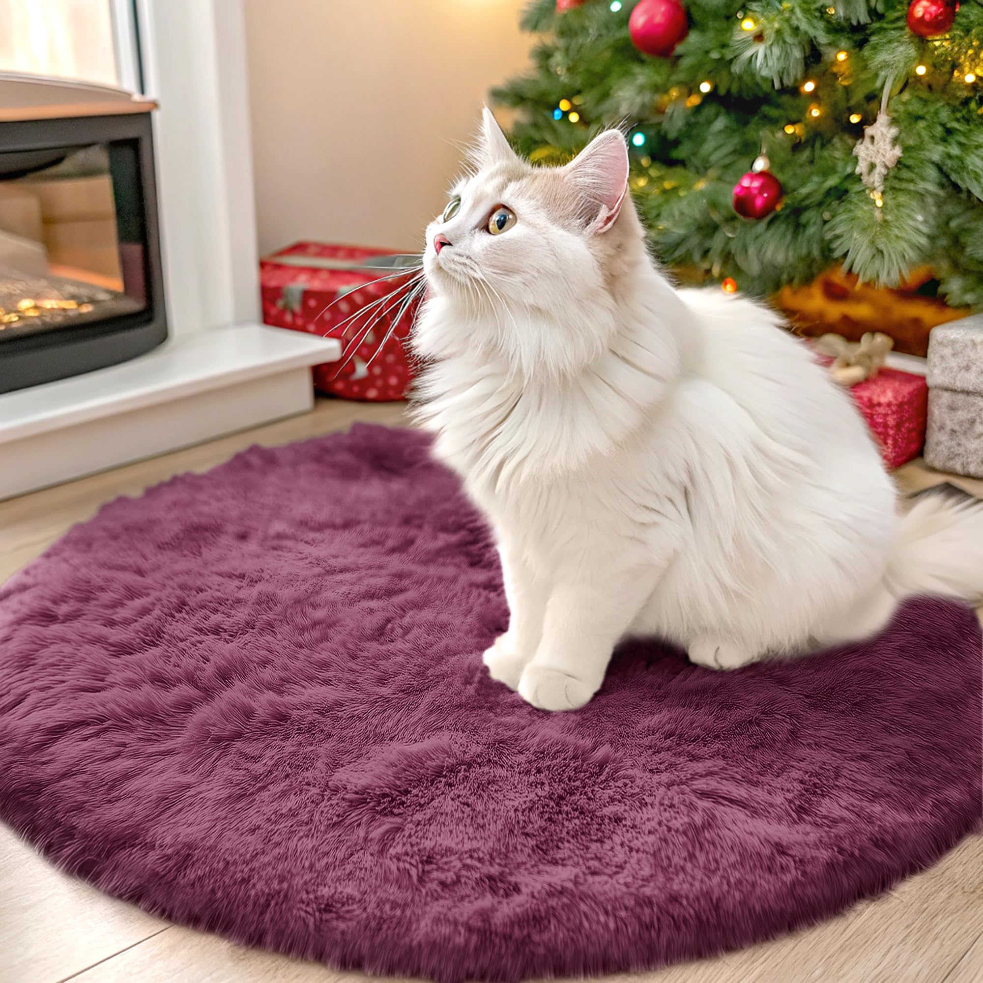 Photo 1 of (small) OLANLY Burgundy Round Rugs for Bedroom - Machine Washable, 2 ft Circle Area Rugs for Living Room, Soft and Fluffy Shaggy Carpet for Teen Girls and Boys, Nursery Rooms, Dorms, Home Decor Aesthetic