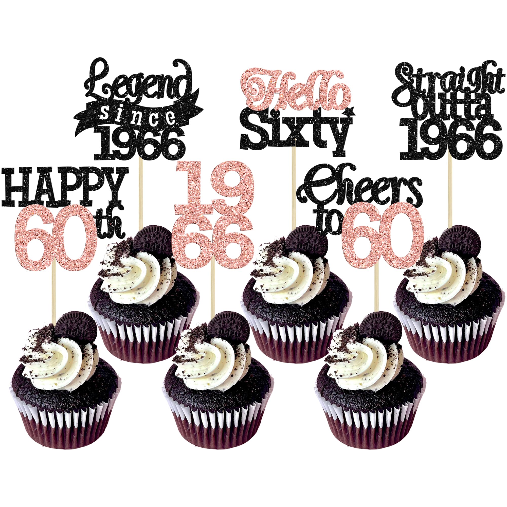 Gyufise 24Pcs Happy 60th Birthday Cupcake Toppers Hello Sixty Legend Since 1966 Cupcake Picks Cheers to 60 Years Cake Decorations for 60th Birthday Anniversary Party Supplies Black Rose Gold