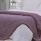 Bigacogo Chunky Knit Throw Blanket for Couch, 51x63 inches, 100% Hand Knitted with Thick Jumbo Chenille Yarn, Cozy Soft Large Rope Knot Cable Crochet Blankets for Sofa Bed Living Room, Winter Grape