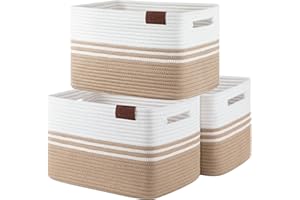 SIXDOVE Storage Basket, Woven Basket for Toys and Towels, Soft Cotton Rope Rectangle Woven Basket for Storage, Pack of 3, Jute and White, 15''L x 10''W x 9''H