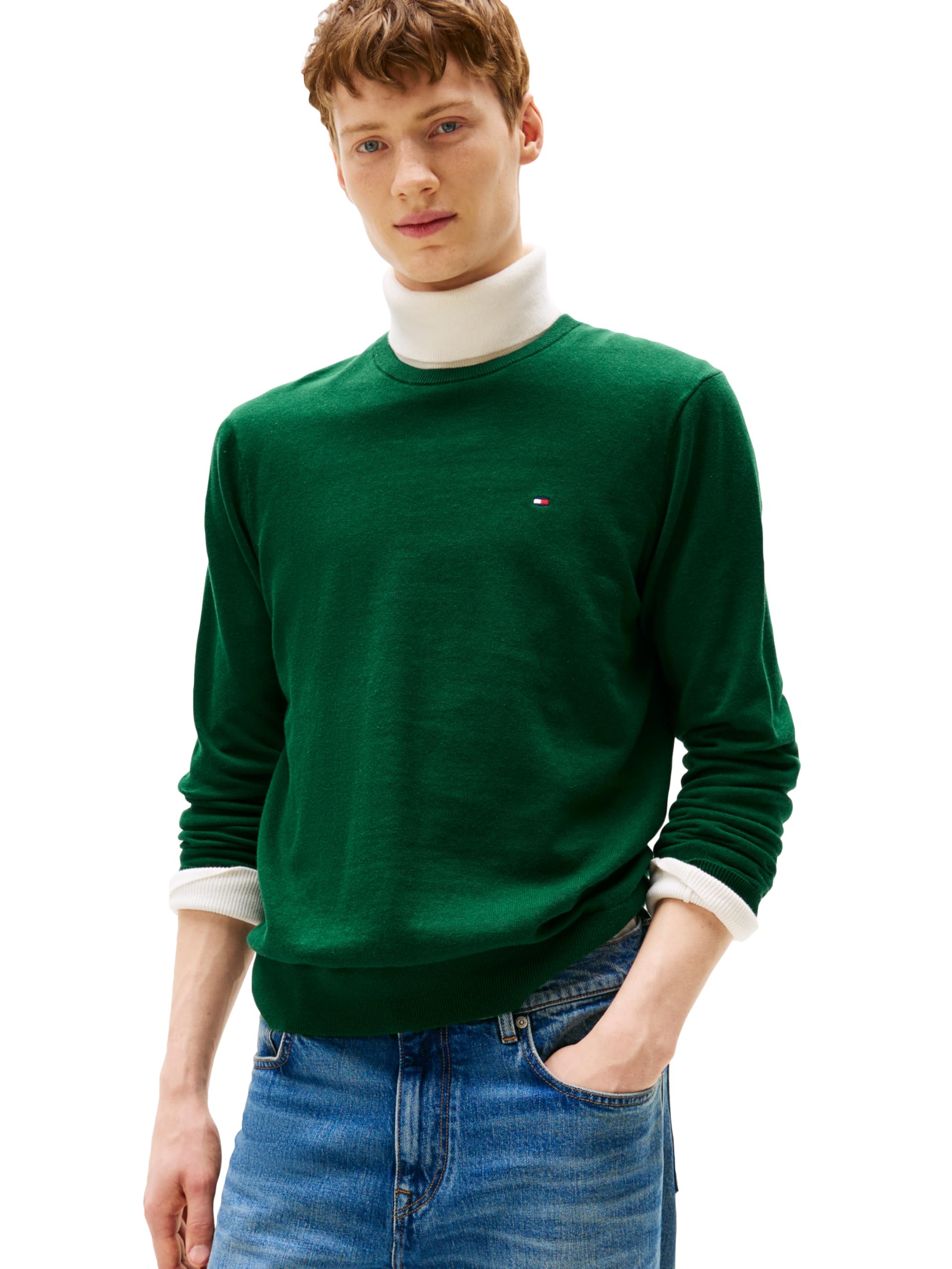 Tommy Hilfiger Men’s Cotton Solid Crew Neck Sweater, Ornamental Green Heather Large