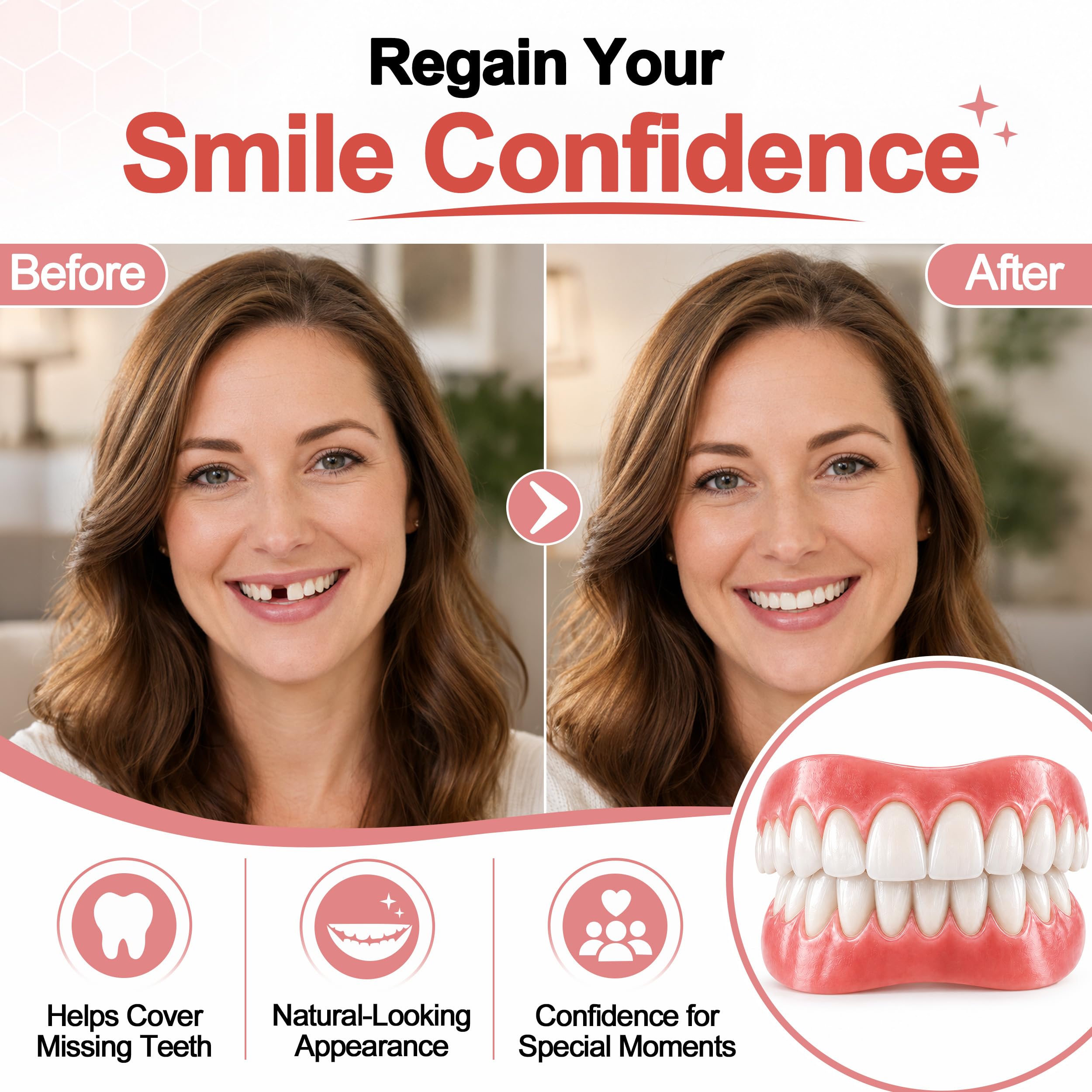 Condition photo showing As Is for moldable false teeth, dentures for women and men, upper and lower silicone denture set, fix your smi