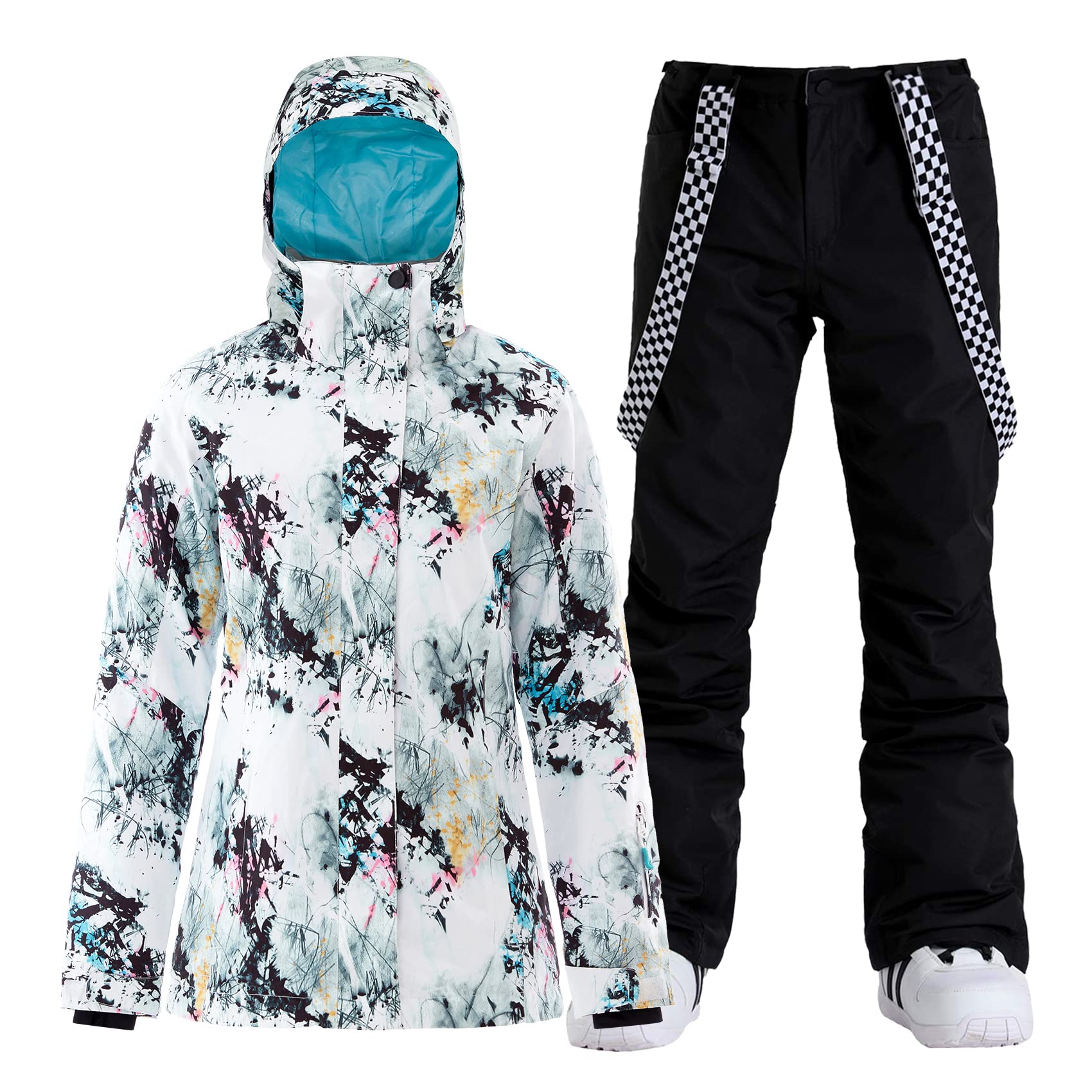 Photo 1 of GSOU SNOW Womens Ski Jacket and Pants Snowboarding Snowsuit Coat Warm Winter Hooded Insulated Waterproof Windproof,White Black M