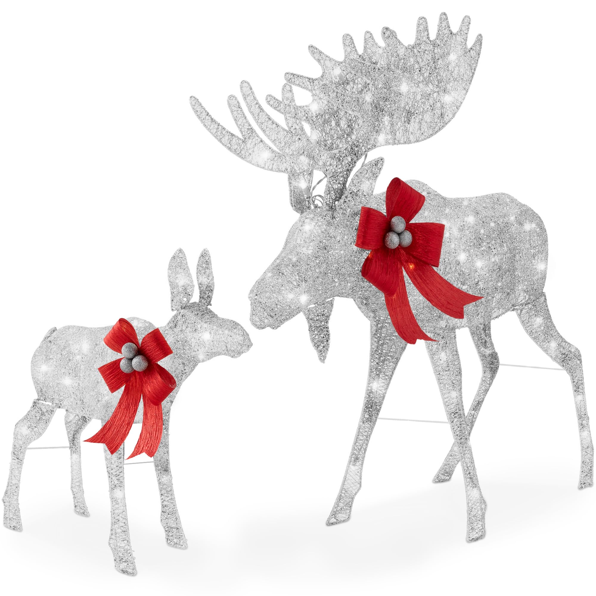 Best Choice Products 2-Piece Moose Family, Lighted Outdoor All-Weather Christmas Yard Decoration Light-Up Décor Set w/ 170 LED Lights, Ground Stakes, Zip Ties - Silver Image