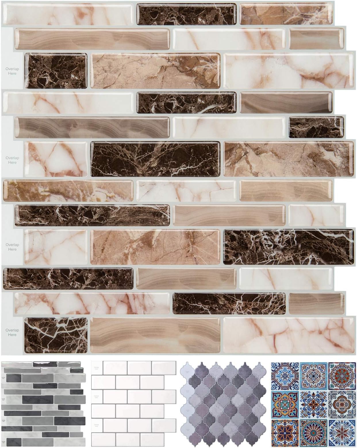 LONGKING 10-Sheet Peel and Stick Tile Backsplash, Vinyl 3D Self-Adhesive Tile Stickers for Kitchen, Bathroom, Counter Top, Marble 77