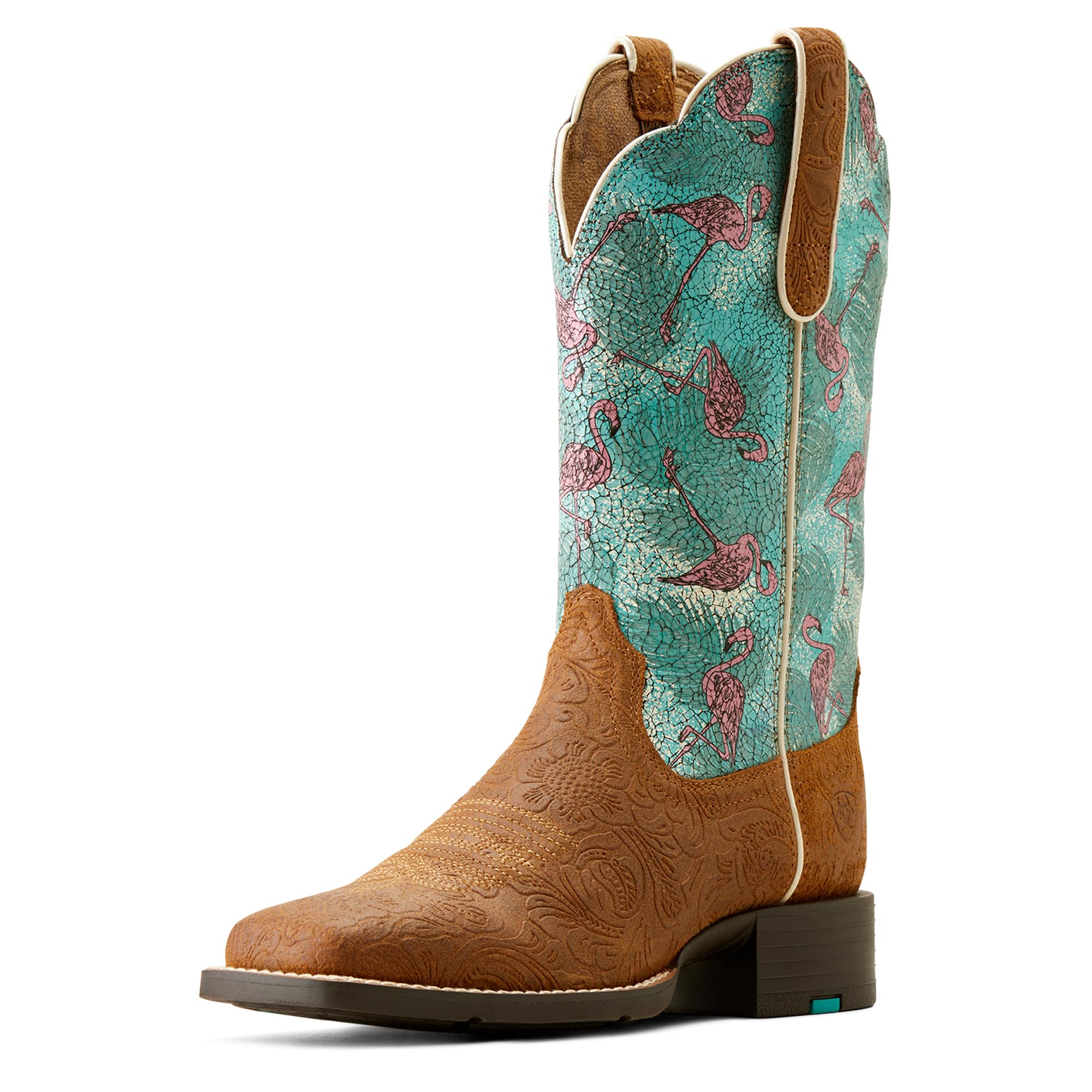 ARIAT Women's Round Up Wide Square Toe Western Boot, Flock O Flamingos/Embossed Chestnut, 8 Image