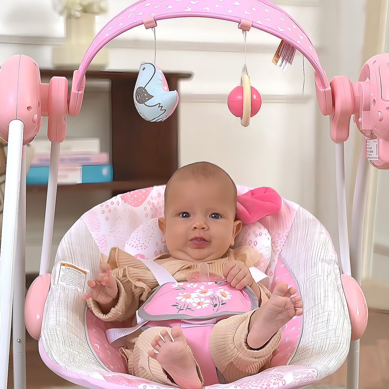 Baby Swing,Portable Baby Swing for Infants,Electric Baby Swings for Newborn, 5-Speed Infant Swing with Music,Timing,Soft Head Support,Pink Baby Girl Swing for Babies 0-6 Months 6-20 lbs