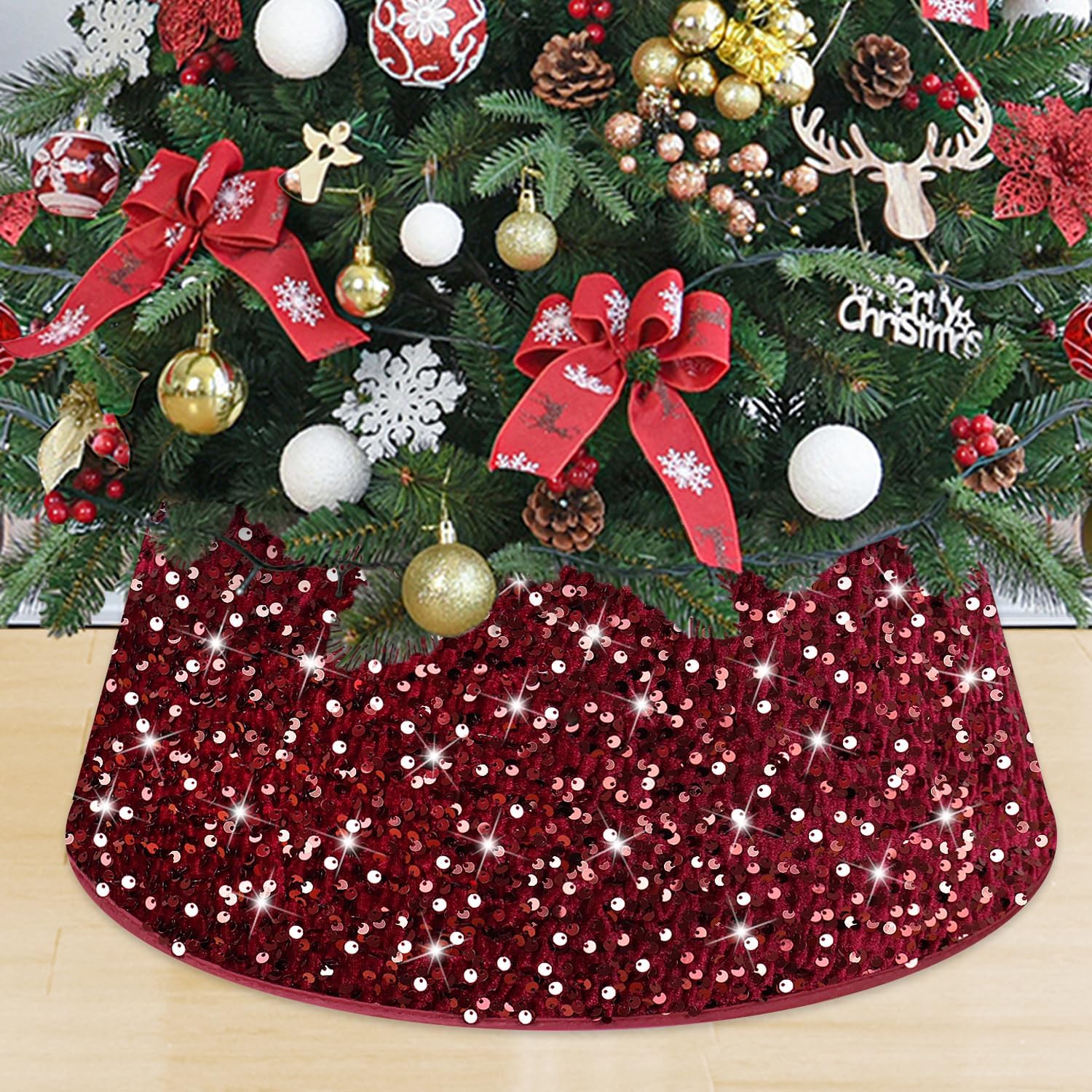 Tree Stands - MODFUNS Christmas Tree Stand Base Sequins Christmas Tree Collar 24 Inch Burgundy Shimmer Velvet Tree Stand Cover Sparkling Tree Skirt Christmas Decorations Maroon Xmas Tree Base for Xmas Home Party