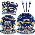 96 Pcs Retirement Party Supplies Paper Plates Napkins Blue Gold Happy Retirement Party Tableware Decorations Favors for Men Women Decor Serves 24