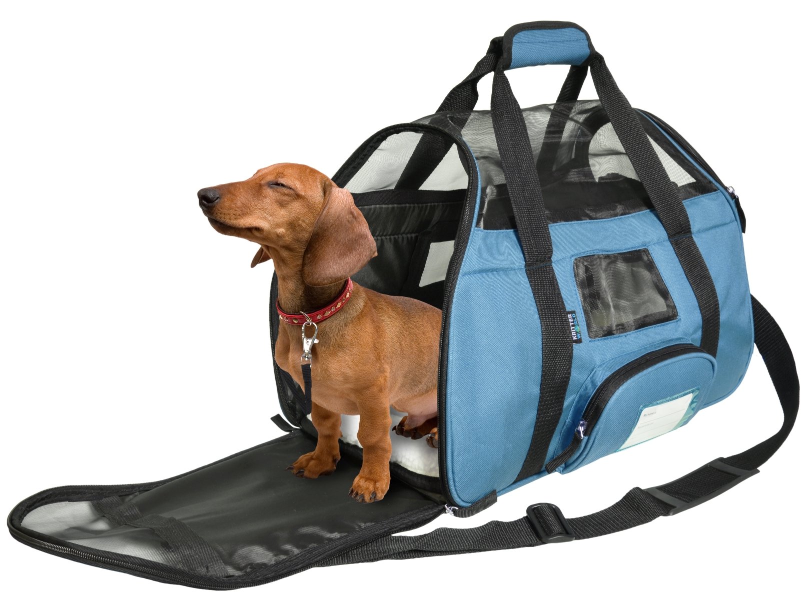 KritterWorld Soft Sided Pet Travel Carrier for Small Dogs and Cats Puppy Small Animals Airline Approved | Removable Sherpa Lining Bed, Built-in Collar Buckle, Lost & Found Tag Included by Blue
