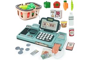 ARK MIIDO Kids Cash Register Toy with Sound Scanner - Pretend Play Shopping Set Include Food, Shopping Basket, Play Money & Credit Card, Ideal Gift for Boys Girls Ages 3-8