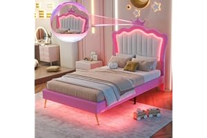 Linique Twin Size Upholstered Bed Frame with LED Lights, Modern Upholstered Princess Bed with Crown Headboard, Pink+White