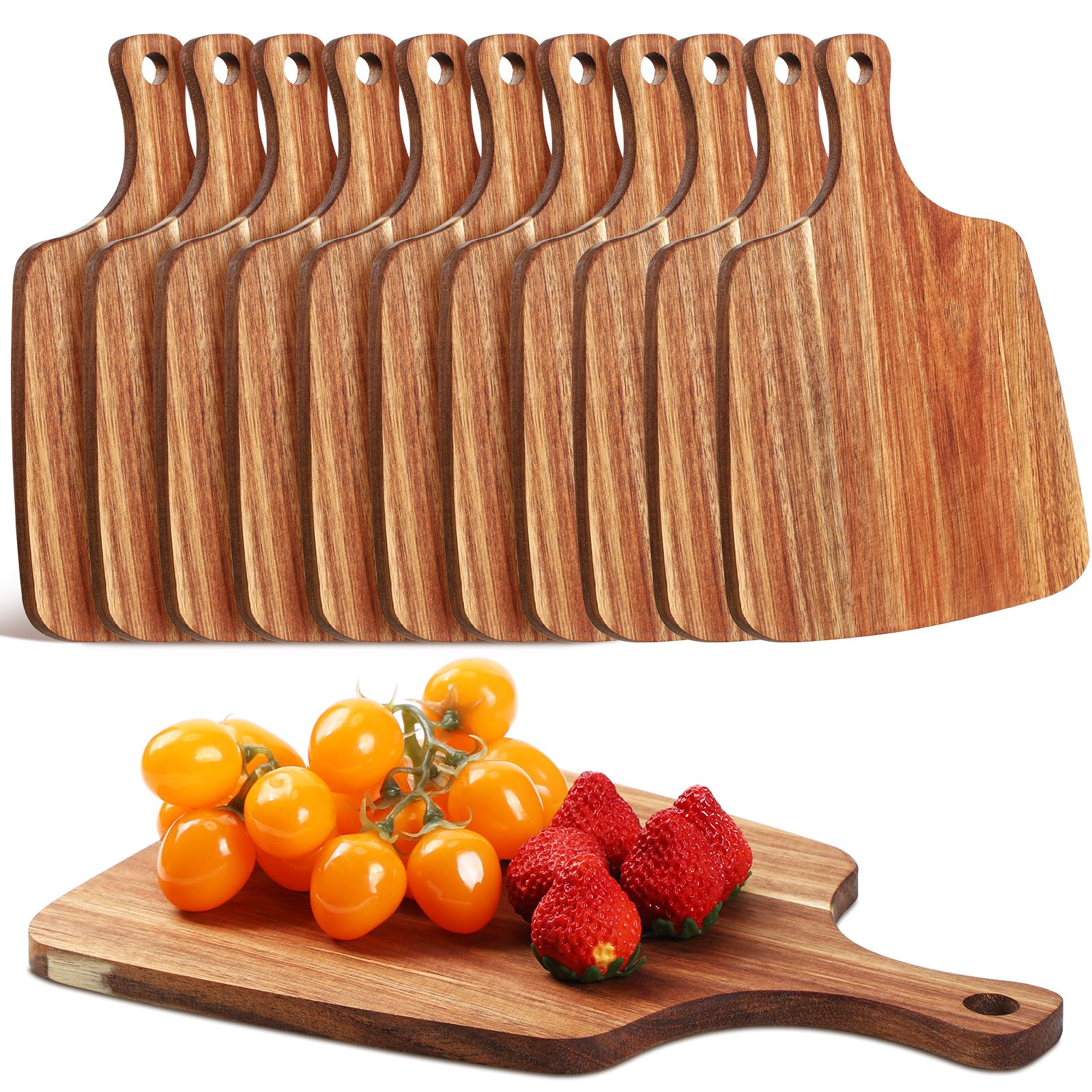 Photo 1 of Vesici 12 Pcs Cutting Board with Handle 12 x 8.7 Inches Acacia Wooden Serving Bridal Shower Aperitif Charcuterie Board with Handles Wedding Gift for Couple for Kitchen Meat Vegetables Fruit
