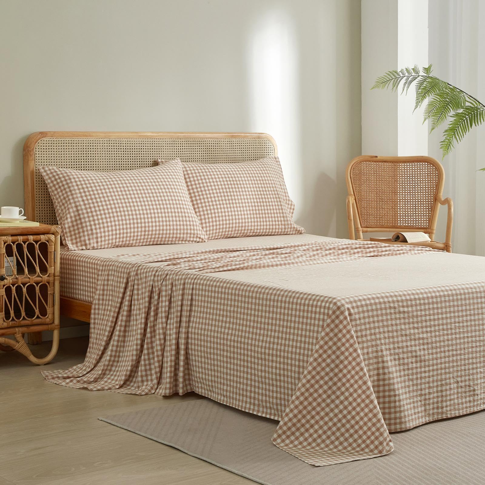 Photo 1 of Tan Gingham Sheets Set 4 Piece Beige Taupe Plaid Bed Sheets California King, Lightweight Soft Grid Checker 100% Washed Cotton Sheets Set, Breathable Farmhouse Grid Bed Sheets with 16“ Deep Pocket