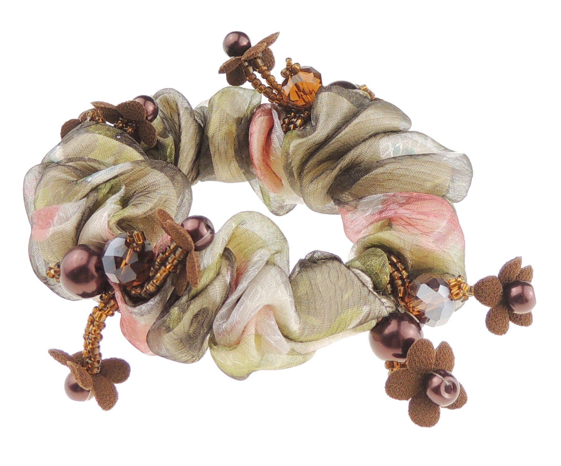 Womens Chiffon Beaded Floral Daisy Fabric Sleep Christmas Birthday Wedding Party Ponio Hair Tie Up Back Elastic Ponytail Holder Rubber Bands Scrunchie (Long Beads Green)