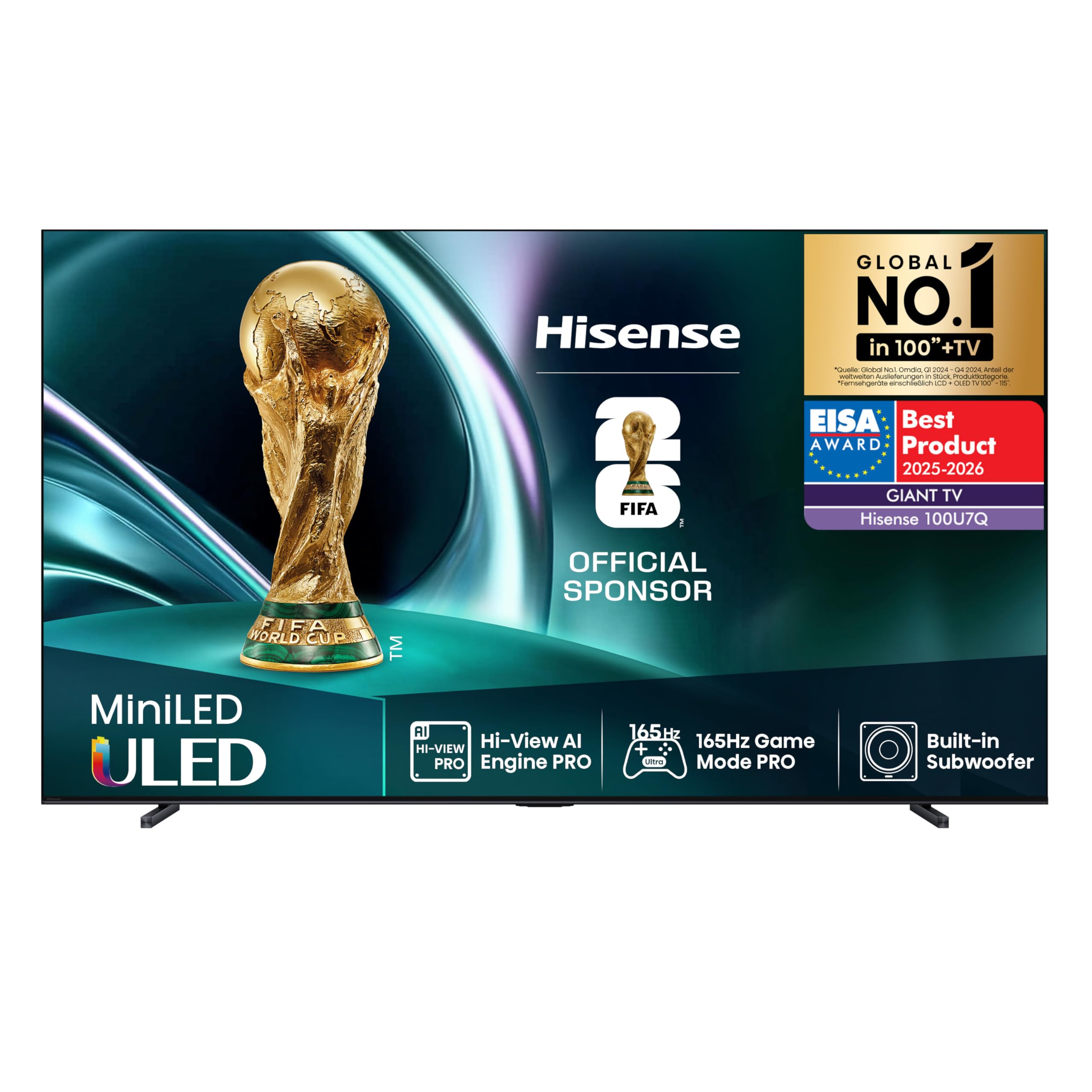 Hisense 100U7Q Fernseher 100 Zoll, 4K Mini LED ULED, Smart TV, Hi-View AI Engine Pro, 165Hz Game Mode Ultra, FreeSync Premium, Built in Subwoofer, Dolby Vision IQ Atmos, Airplay[2025]