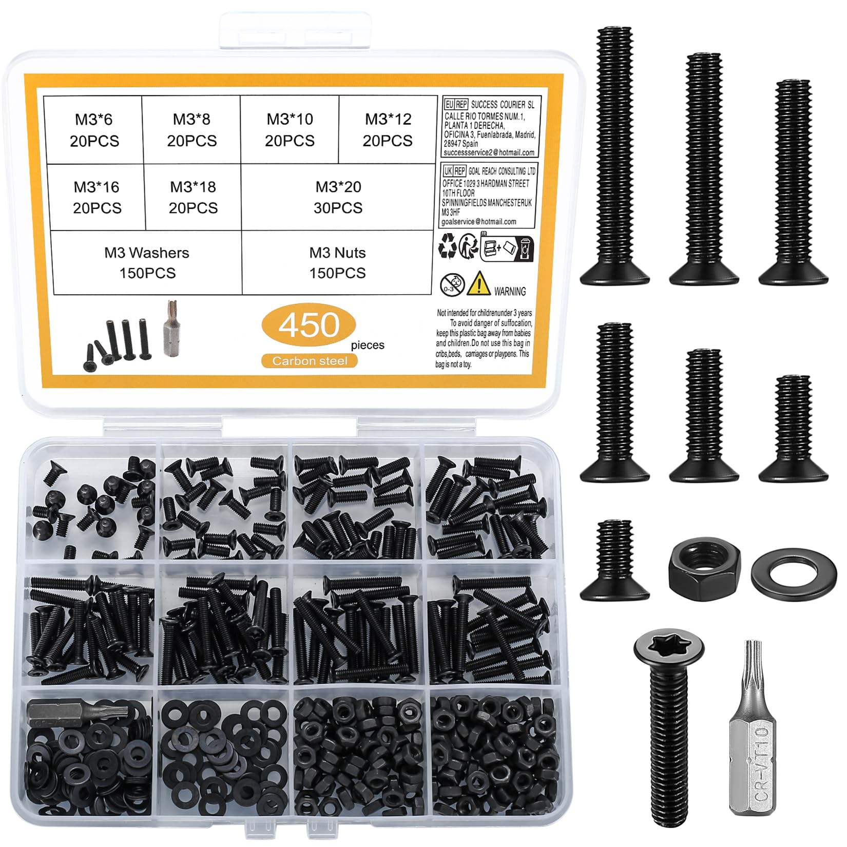 450 Pcs M3 Bolts and Nuts Set, M3 Countersunk Screw Nuts and Bolts Set with Washers, Torx Flat Head Machine Screws Assortment Kit, Torx Countersunk Head Screws