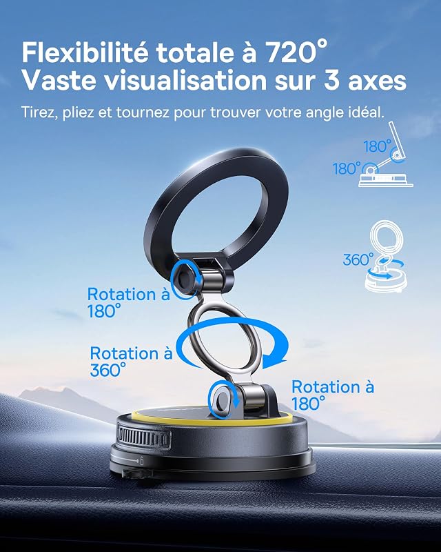 VC2 Flex Support Téléphone Voiture Magnétique à Ventouse, Support Magsafe Voiture pour Tableau de Bord et Pare-Brise, Réglable à 720° et Pliable pour iPhone 16 15 14 13 Pro Max