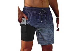 Gleeease 7inch Mens Swim Trunks: 2 in 1 with Compression Liner Pockets Drawstring Quick Dry Stretch Lined Funny Beach Pool