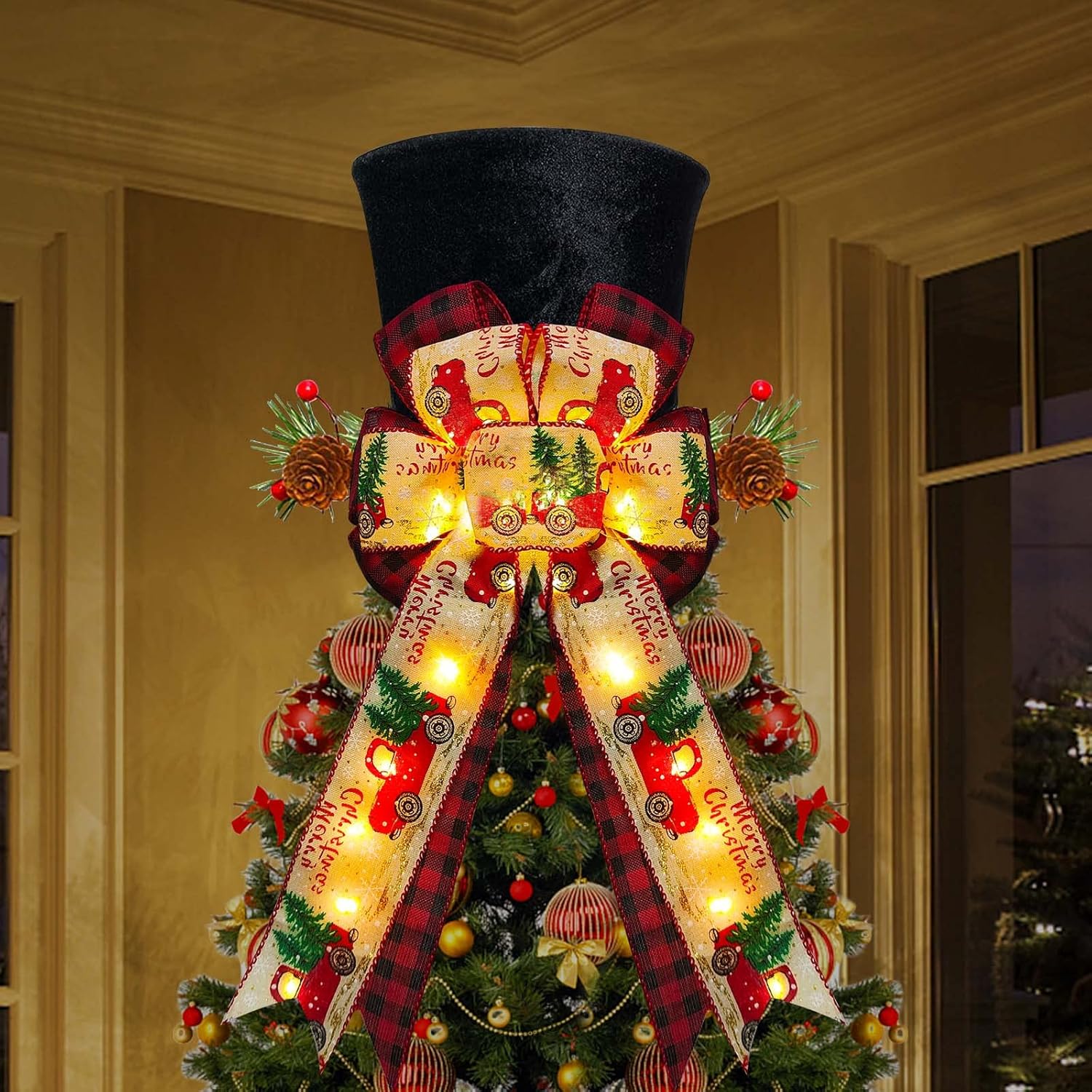 Tree Toppers - DONSAJI Lighted Christmas Tree Topper Hat, Large Black Velvet Tree Topper Hat with 30 Warm Lights Battery Operated Christmas Tree Topper Bow for Christmas Tree Holiday Tabletop Decor
