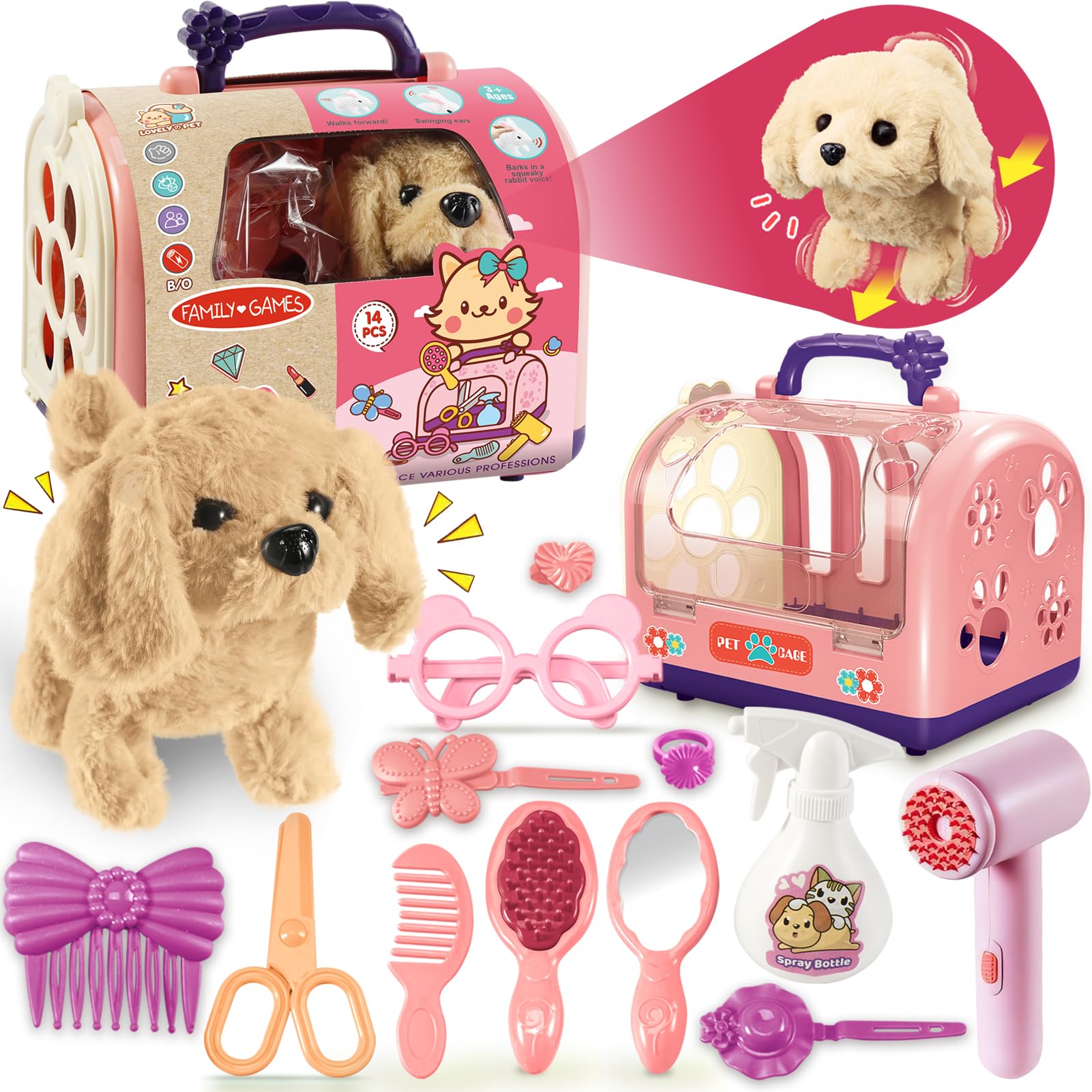 TEUVO Walking Dog Toys for Kids Girls, 14Pcs Robot Dog Toys for Girls 2 3 4 5 6 7 Year Old Interactive Electric Realistic Plush Puppy Toy Dog Bark/Wag Tail Little Live Pets Cage Present Gifts for Girl