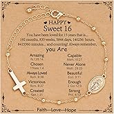 Gnamy Happy 13th 15th 16th 21th 30th 40th 50th Birthday Bracelet Gifts for Women Girls, 14k Gold Plated Virgin Mary Cross Bracelet Catholic Religious Friendship Jewelry for Her