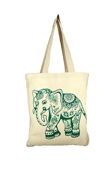 Shalinindia Cotton Canvas Elephant Reversible Screen Print Shopping Tote Bag (15 X 14)