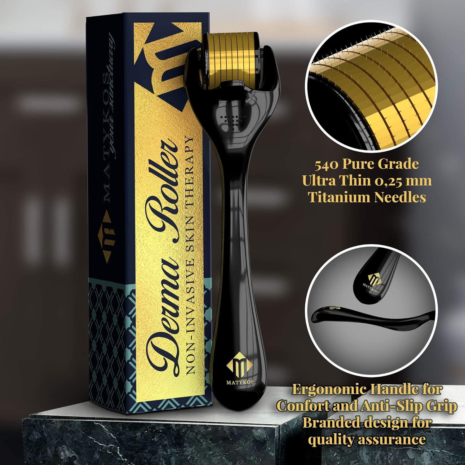 Derma Roller for Face and Body by Matykos - Cosmetic Non-Invasive Micro Needle Tool with 540 Titanium Micro Needles for Beard Growth 0.25mm | BONUS Gift Box, Brochure, 10 Sponges, Storage Case: Beauty
