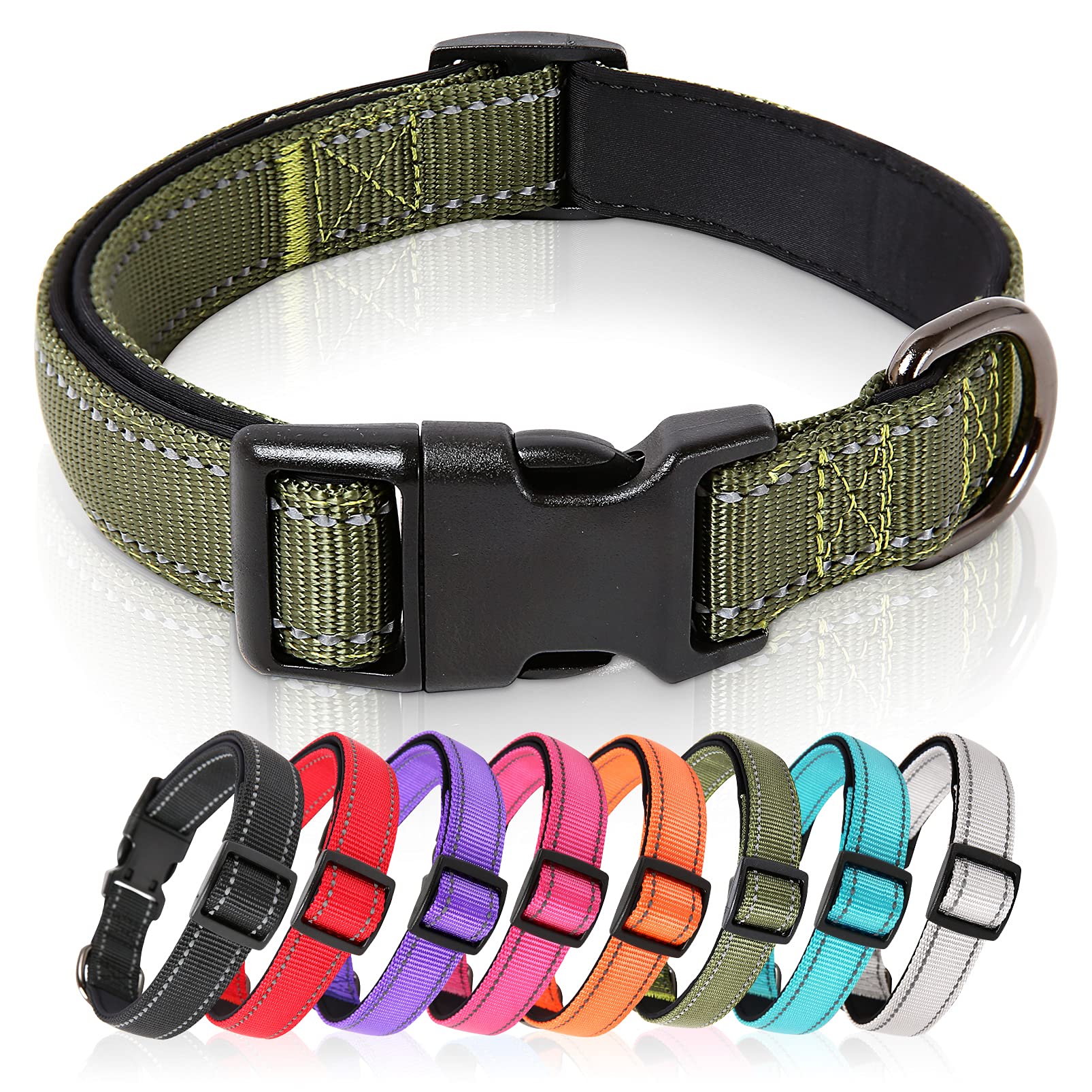 HEELE Dog Collar, Reflective Dog Collar, Soft Neoprene Padded Breathable Nylon Pet Collar Adjustable for Small Dogs Puppy, Army-Green, XS(20-30cm)