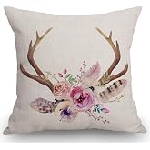 Swono Watercolor Floral Boho Pillow Decorative Pillow Cover Vintage Deer Horns with Flowers Throw Pillow Case Cotton Linen French Decor Rustic Cushion Cover for Sofa Couch 18x18 Inch