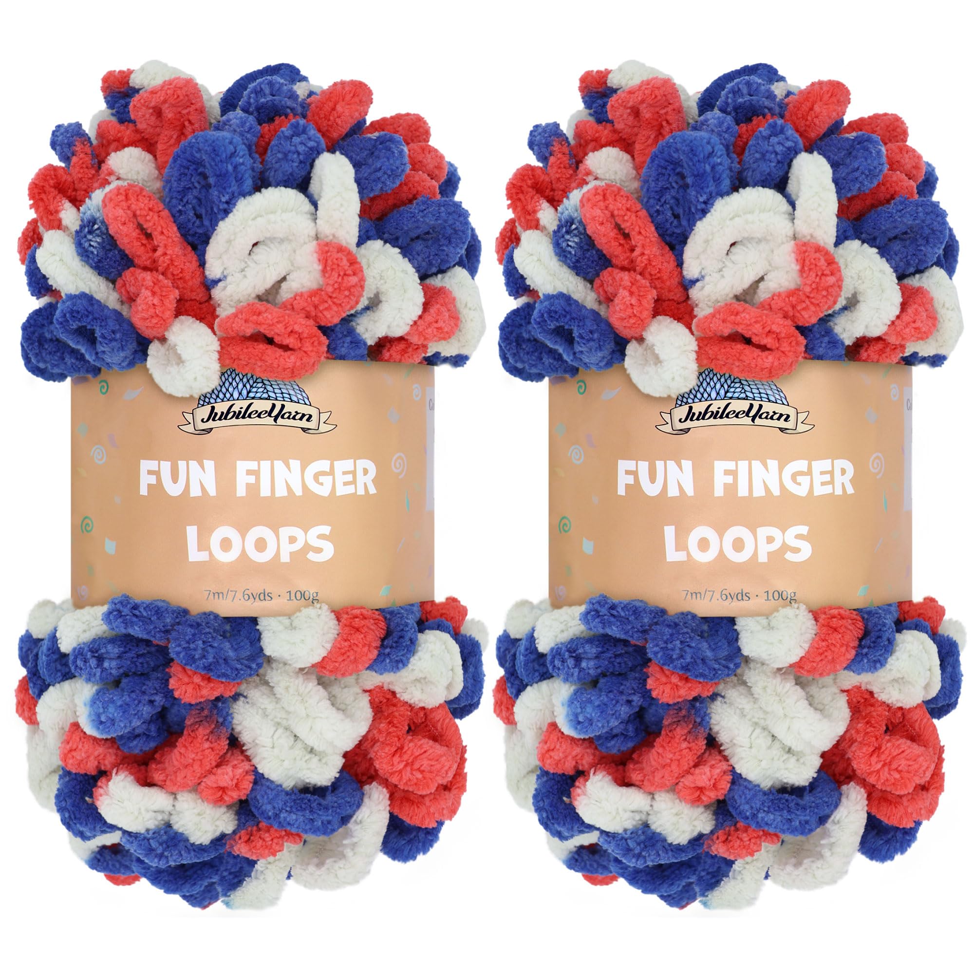 JubileeYarn Fun Finger Loops Yarn - Polyester Jumbo Weight Loop Yarn - 100g/Skein - Red White Blue - 2 Skeins