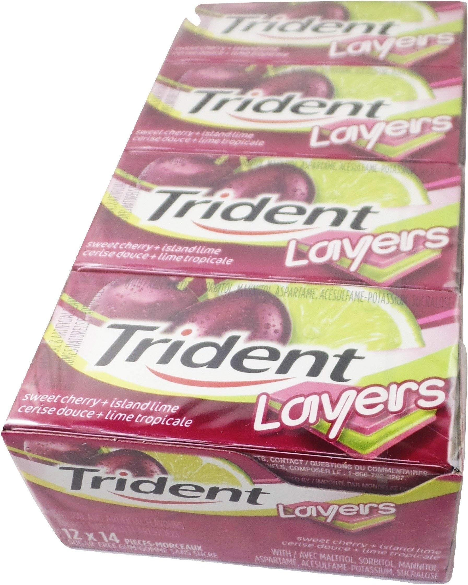 Trident Layers Sugar Free Gum (14-Pieces/Pack, 12ct/Box) (Sweet Cherry + Island Lime) (Imported from Canada)