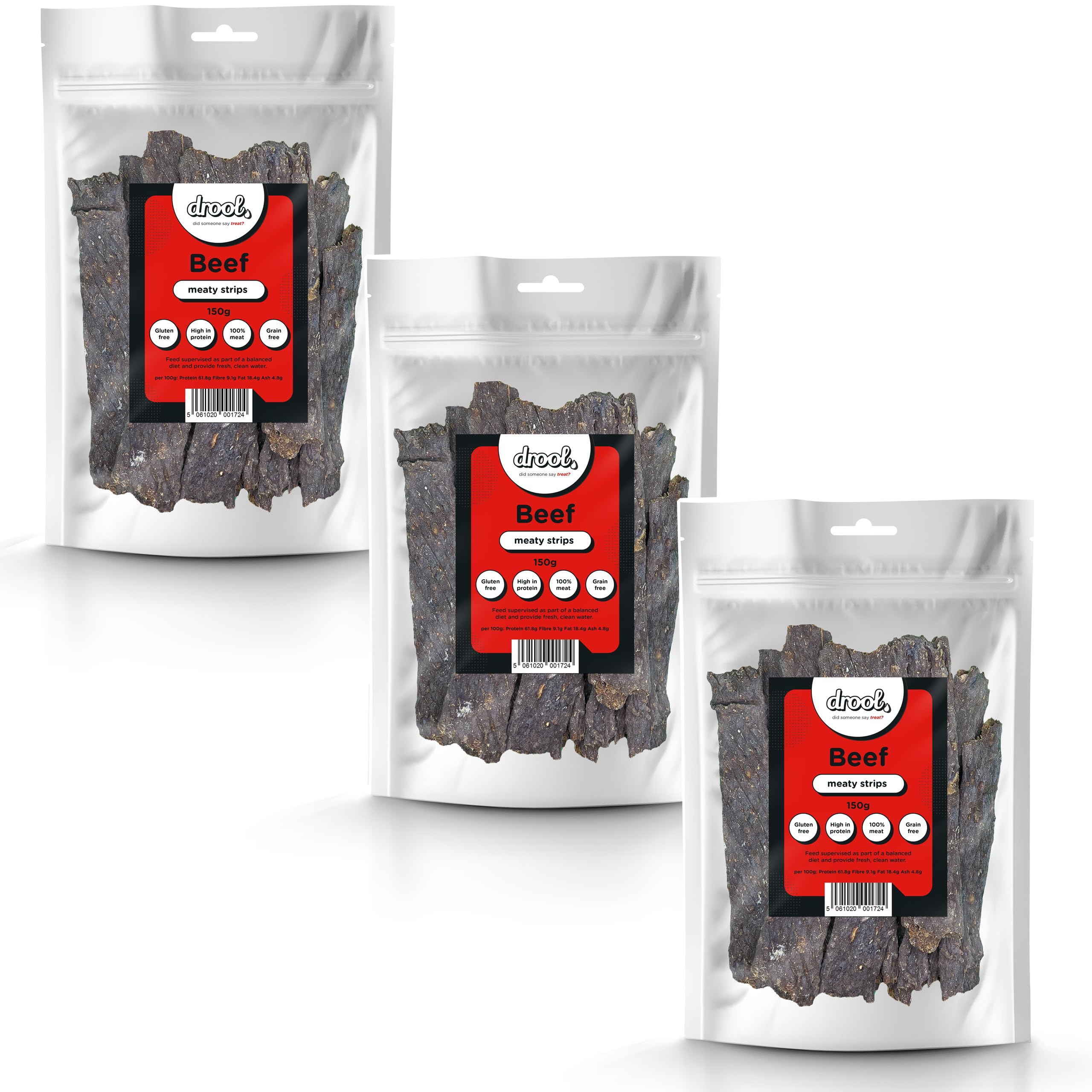 Drool Pet Products | 100% Pure Dried Fresh Meat | Triple pack Beef Meaty Strips for Dogs 3 x 150g Beef | Air-Dried Nibbles Dog Chews for Dogs & Puppies