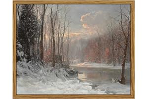 ARPEOTCY Christmas Framed Canvas Wall Art Decor, 8x10in, Winter Vintage Landscape Snow Stream River Tree Cloud Prints Room Decor, Farmhouse Art Paintings for Living Room Bedroom, Christmas Gifts