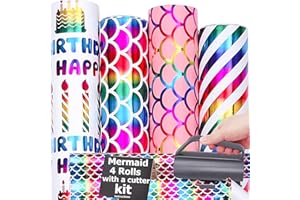 THMORT Mermaid Wrapping Paper Roll with a Cutter Kit for Girls&Boys,Kids Birthday Adults, Princess Pink Barbies 17 Inch X 120 Inch Gift Wrapping Paper Colorful Rainbow Happy Birthday wrapper.
