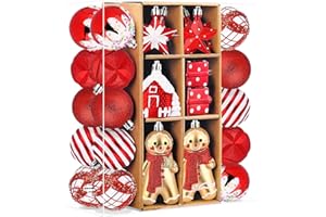 SHareconn 65pcs Christmas Tree Ornaments Set, Shatterproof Christmas Gingerbread Man Balls Bulk Gift Boxes, Hanging Plastic D