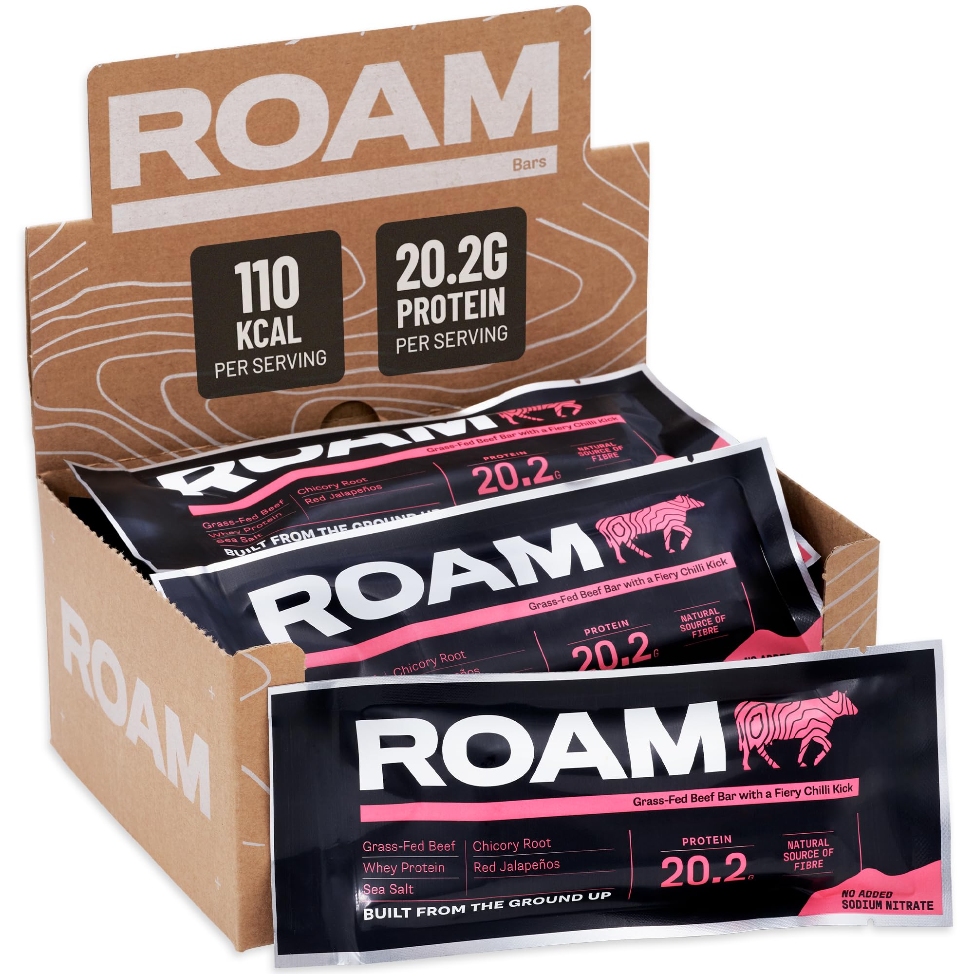 ROAM Natural Protein Bars, Meal Replacement Keto Bars, 12 x 45g Beef Bar & Healthy Snacks, Gluten Free Keto Sticks, High Protein Snacks (Jalapeño Chilli)