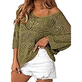 Sidefeel Women's 2025 Spring Summer Crochet Tops Off The Shoulder Hollow Out Knit Tops 3/4 Sleeve Pullover Sweater Cover Ups