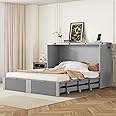 YOPTO Murphy Bed Cabinet Queen Size with Drawer and 1 Set of Sockets & USB Ports,Folding Wall Bed Frame W/Pulley Structure & Wood Slat Support,Hidden Platform Bed for Bedroom,Guest Room,Office,Gray