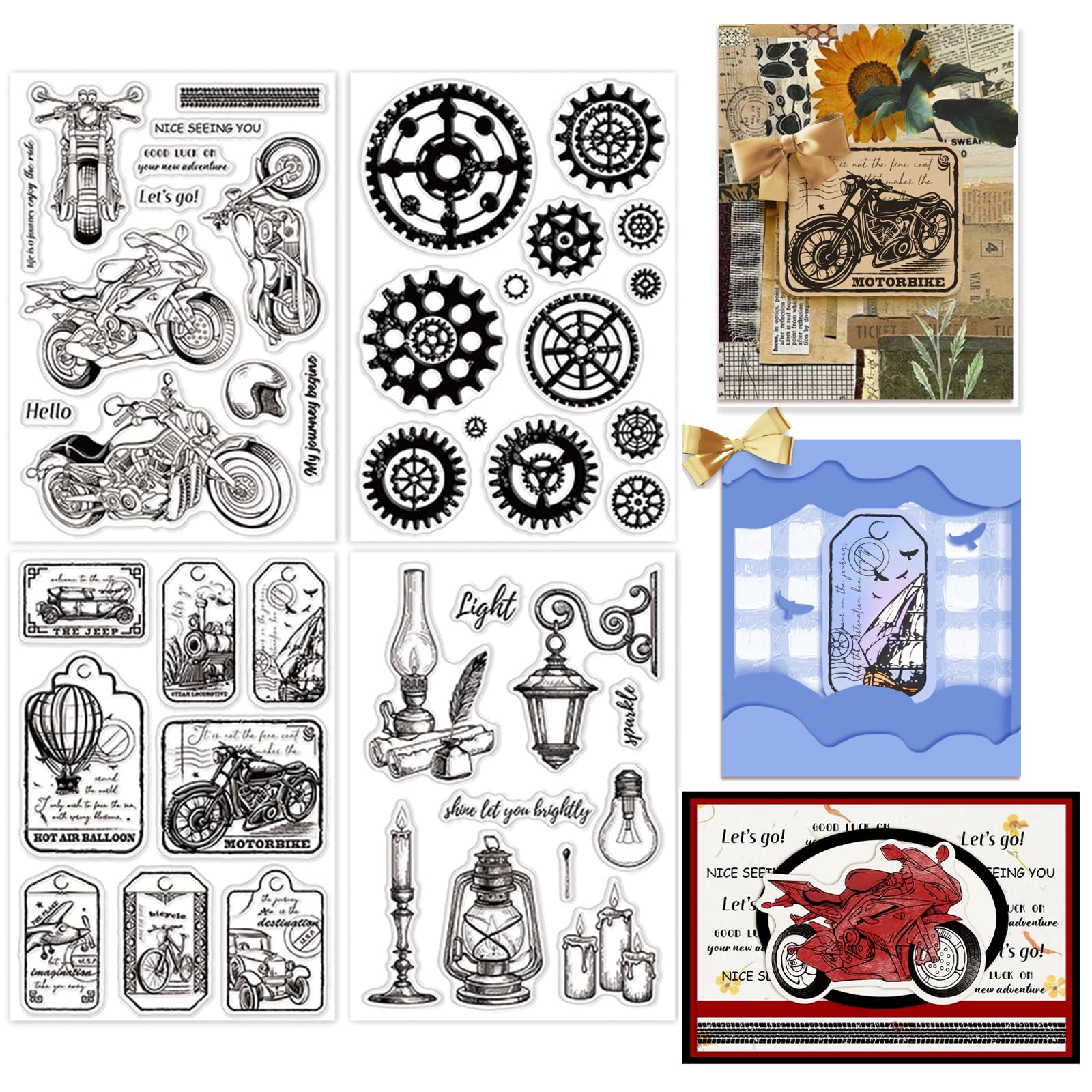 GLOBLELAND 4 Sheets Motorcycle and Gear Clear Stamps for Card Making Vehicle Text Label Silicone Clear Stamp Seals Transparent Stamps for DIY Scrapbooking Journals Decorative Photo Album