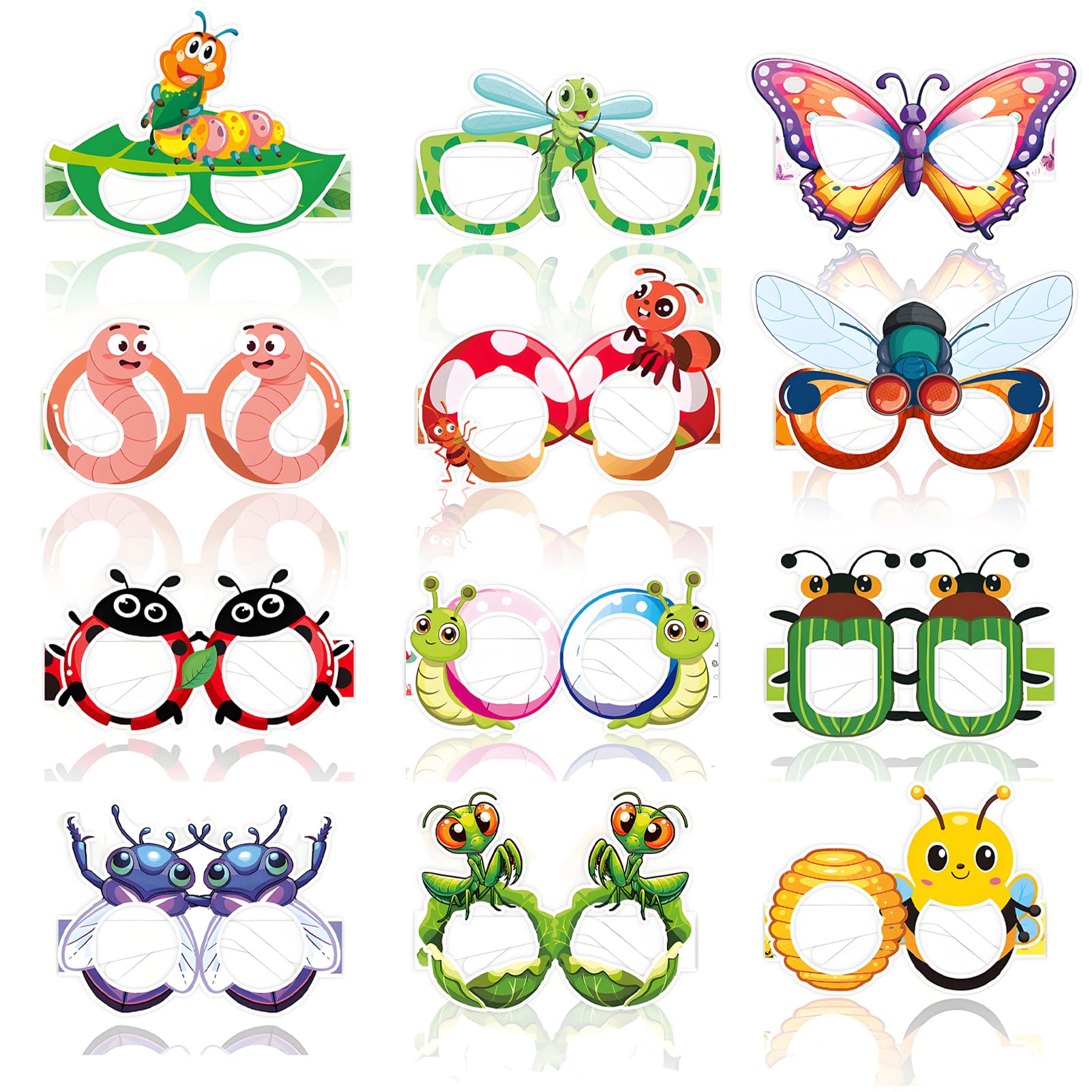 Qpout 24Pcs Bug Party Decorations,Spring Time Insect Theme Dress-Up Paper Eyeglasses Bug Paper Glasses Frame Photo Booth Props for Summer Birthday Accessory Favor Supplies