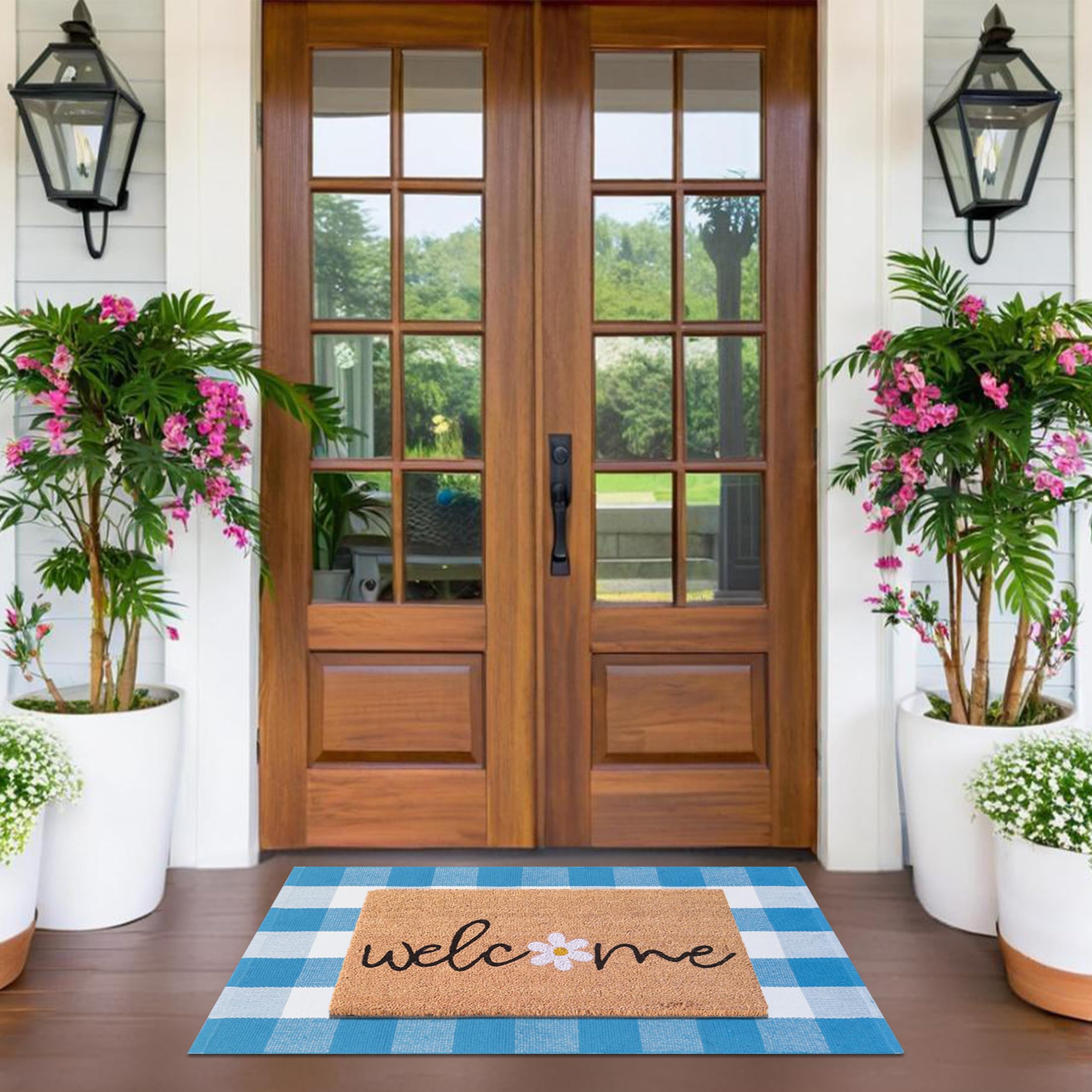 Fallovea Spring Welcome Door Mats Combo Set, 100% Coco Coir Doormat with Welcome & Flower + 28" x 43" Blue and White Plaid Rug, Front Porch Entryway Decor Indoor Outdoor Floor Easter Mats - Image 2