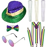FIOEOZ 10 PCS Mardi Gras Costume Accessory Set, Fedora Sequined Party Favor Includes Mardi Gras Fedora Hat, Necklace Beads for Men Women